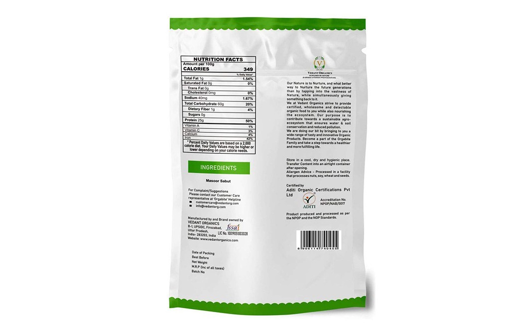 Orgabite Organic Masoor Sabut    Pack  500 grams